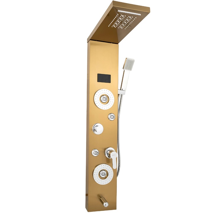 Душ панел Promerco®, 5-функционална хидромасажна система, LED осветление, релаксиращи дюзи, златисто сатенено покритие от неръждаема стомана, технология против котлен камък, елегантен дизайн за модерна баня, 120 см