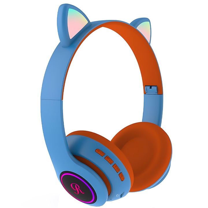 Casti Wireless Model Pisica Teno®, overear, urechi de pisica cu iluminare RGB, bluetooth 5.0, handsfree, HiFi, bass stereo, albastru/portocaliu
