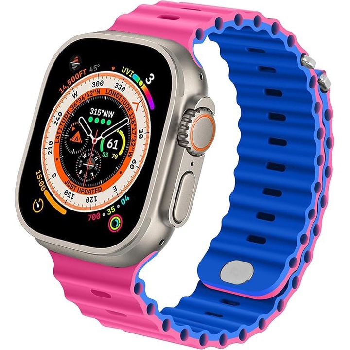 Anlinser Apple Watch Strap, 49mm, 45mm, 44mm, 42mm, Silicone, Sport, за Apple Watch Ultra 2/Ultra SE, Series 9, 8, 7, 6, 5, 4, 3, 2 (розово/синьо)