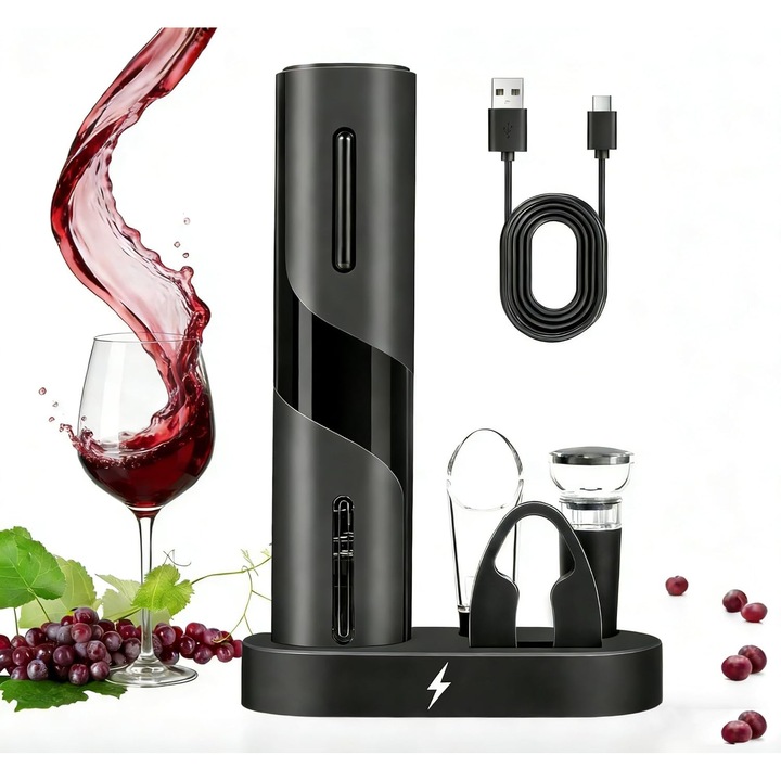 Set tirbuson electric cu 5 accesorii, inclusiv deschizator electric reincarcabil, taietor de folie, aerator pentru turnat, pompa de vid si dopuri de vin, baza de incarcare, ABS, negru