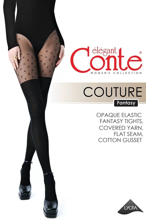 Чорапогащник Conte Fantasy Couture - Nero, Имитация на чорапи и шарка на ромбове
