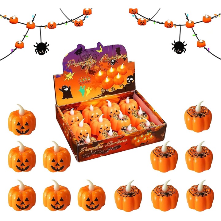 Set 12 lumanari LED Halloween, forma dovleac, portocalii, 45x45mm