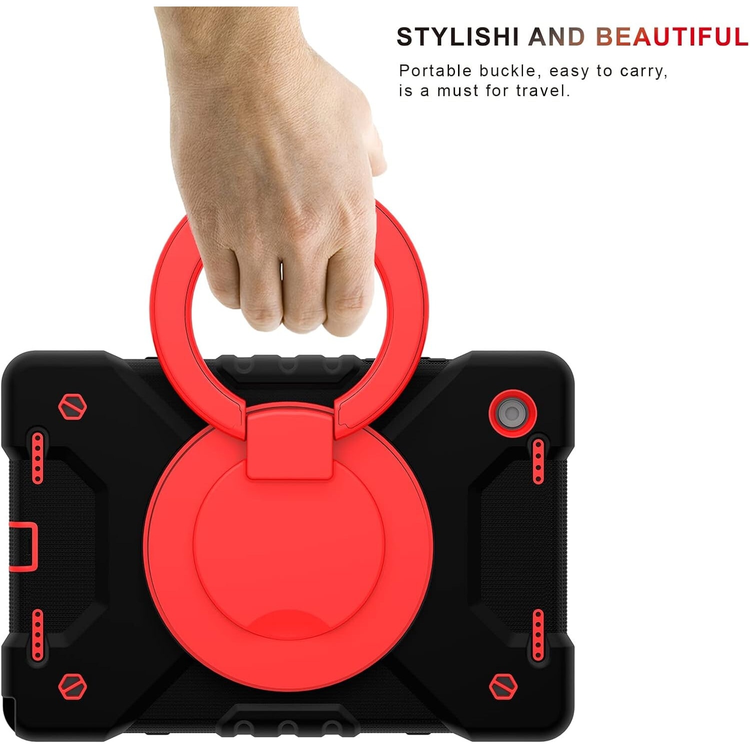 Husa tableta, Samsung Galaxy Tab A 10.1", rosu/negru, cu suport si curea reglabila, trei straturi de protectie
