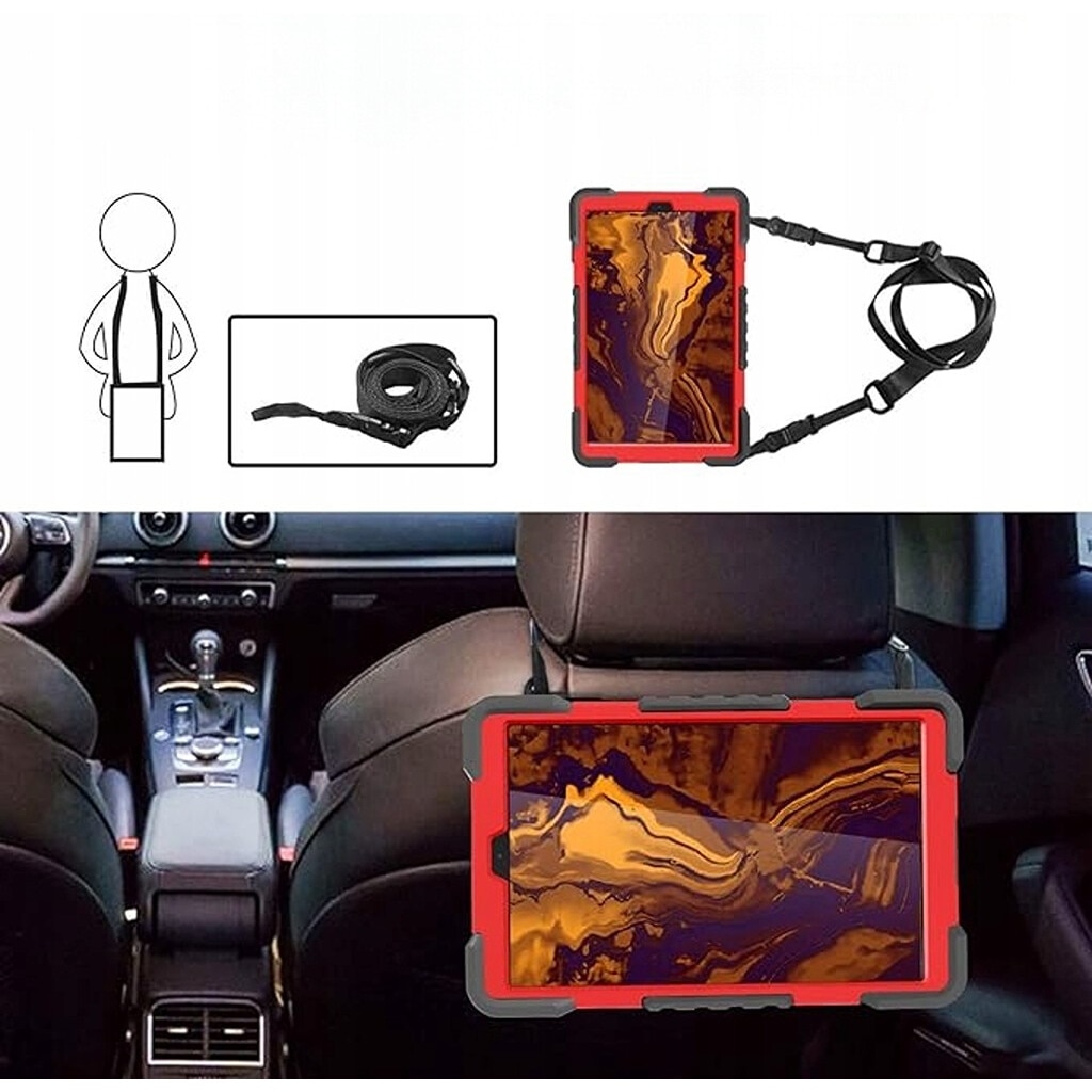 Husa tableta, Samsung Galaxy Tab A 10.1", rosu/negru, cu suport si curea reglabila, trei straturi de protectie