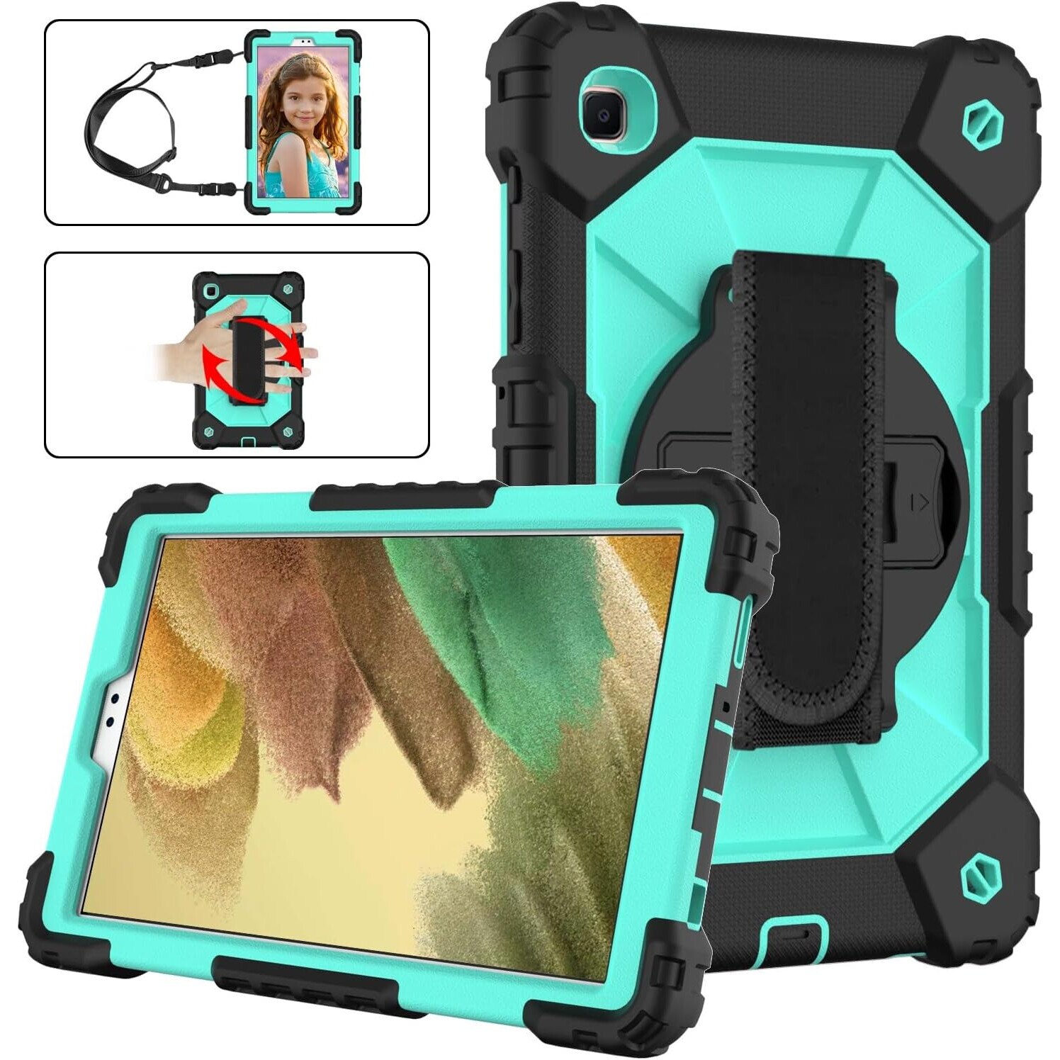 Husa tableta cu suport si curea, pentru Samsung Galaxy Tab A 8", Turcoaz/negru