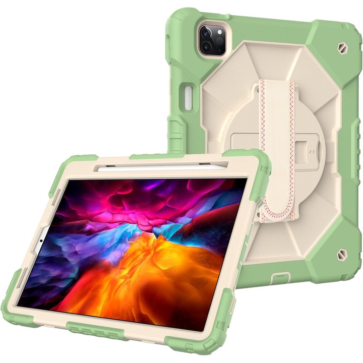 Husa tableta pentru iPad Air 5/Air 4 10.9", verde, cu suport si curea reglabila, constructie tripla
