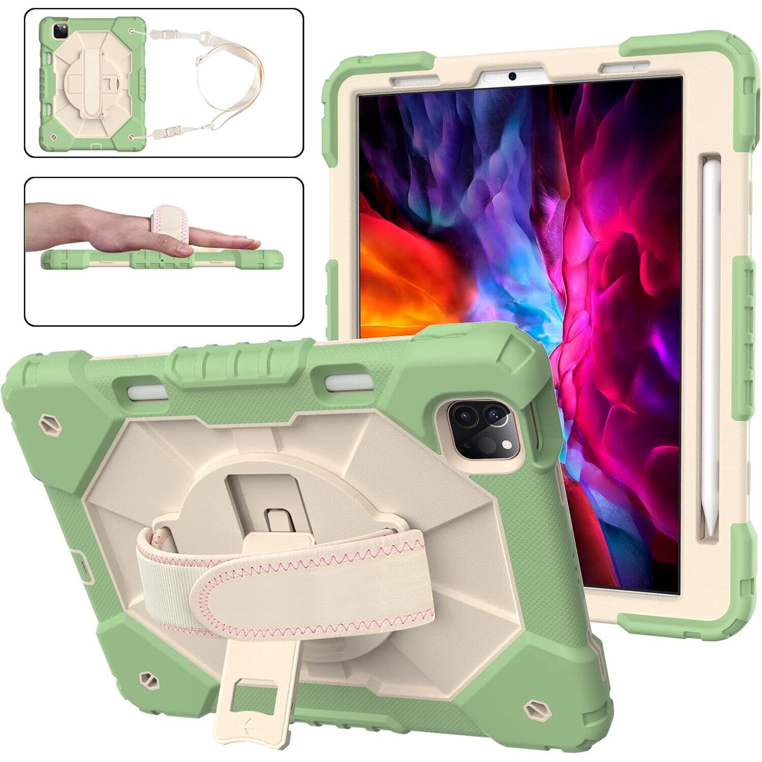 Husa tableta pentru iPad Air 5/Air 4 10.9", verde, cu suport si curea reglabila, constructie tripla