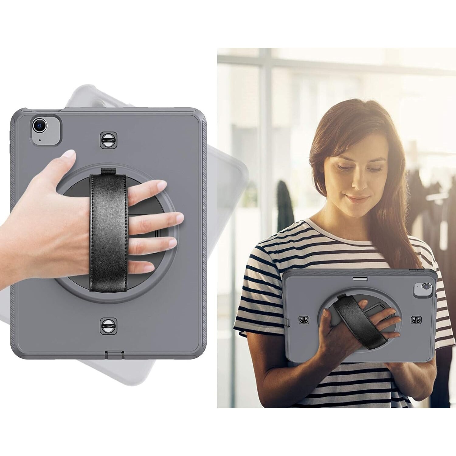Husa tableta pentru iPad 10.2" 2019/2020, gri, cu suport si curea reglabila, constructie tripla
