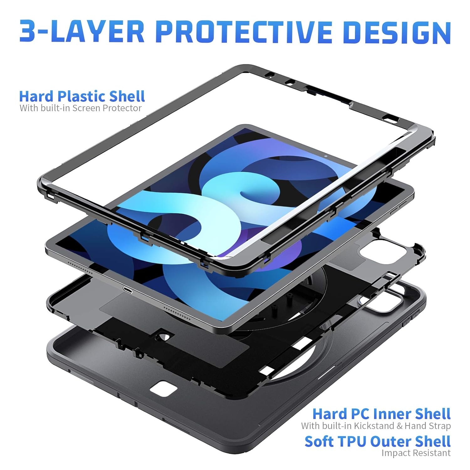 Husa tableta pentru iPad 10.2" 2019/2020, gri, cu suport si curea reglabila, constructie tripla
