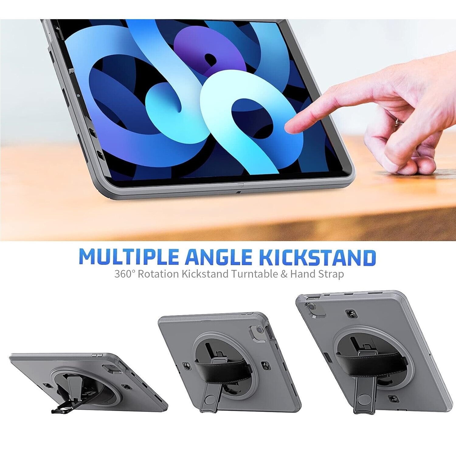 Husa tableta pentru iPad 10.2" 2019/2020, gri, cu suport si curea reglabila, constructie tripla