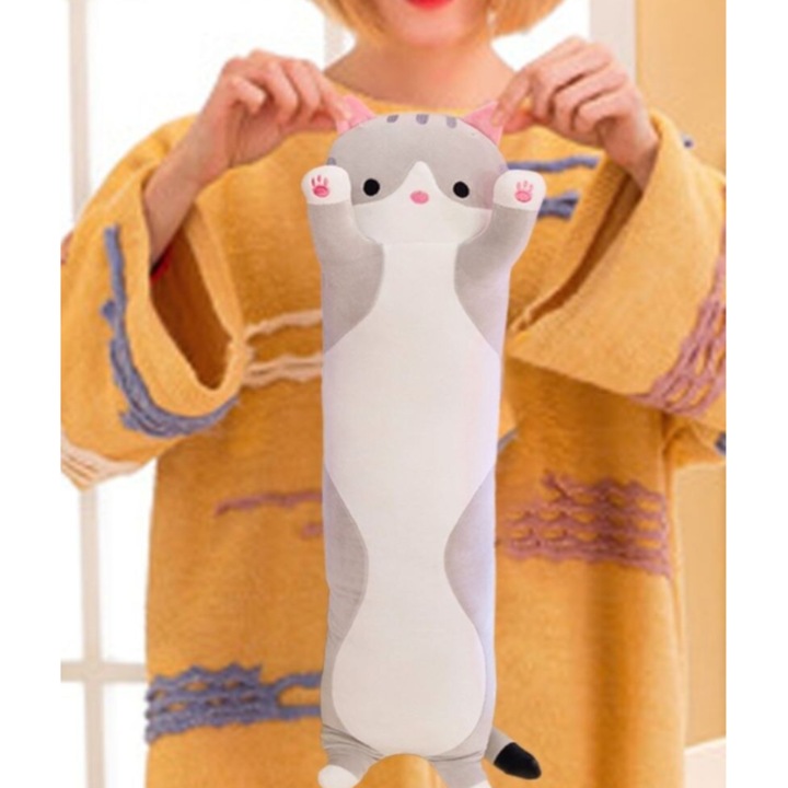 Jucarie de plus pisica, tip perna, umplutura hipoalergenica, pentru copii si adulti, lungime 50 cm, culoare gri