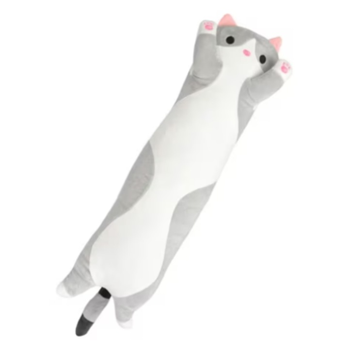 Jucarie de plus pisica, tip perna, umplutura hipoalergenica, pentru copii si adulti, lungime 70 cm, culoare gri