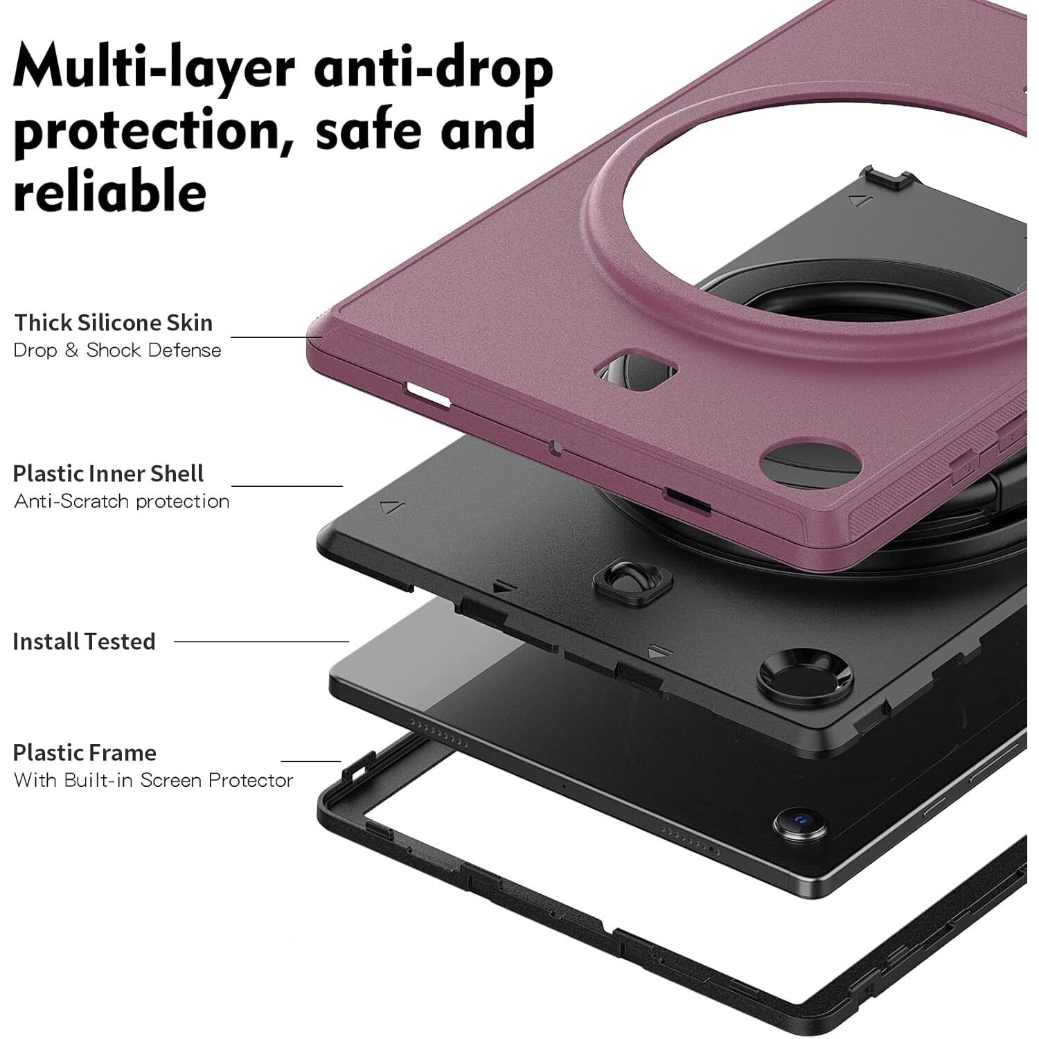 Husa tableta cu suport rotativ, 10,5", bordo, trei straturi de protectie