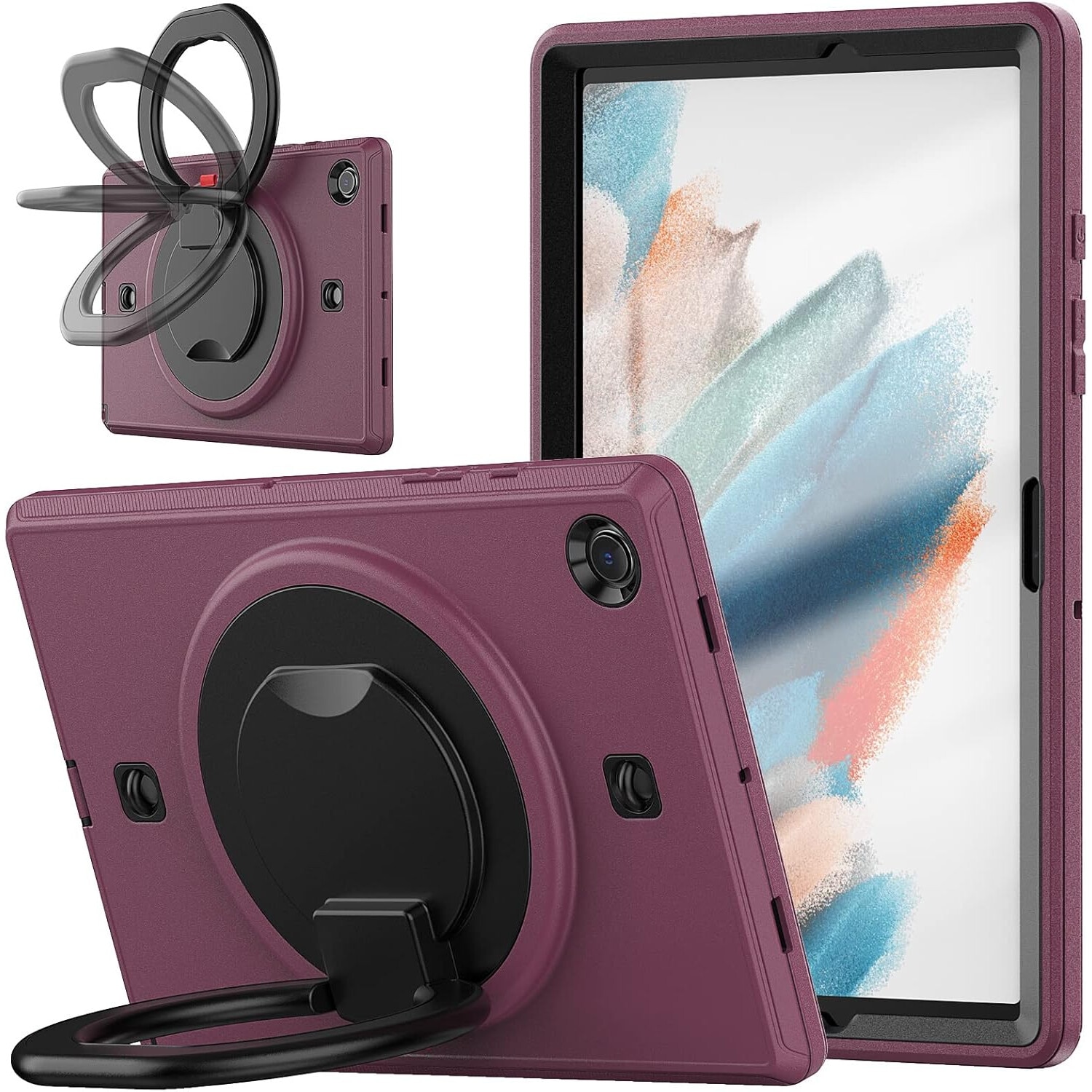 Husa tableta cu suport rotativ, 10,5", bordo, trei straturi de protectie