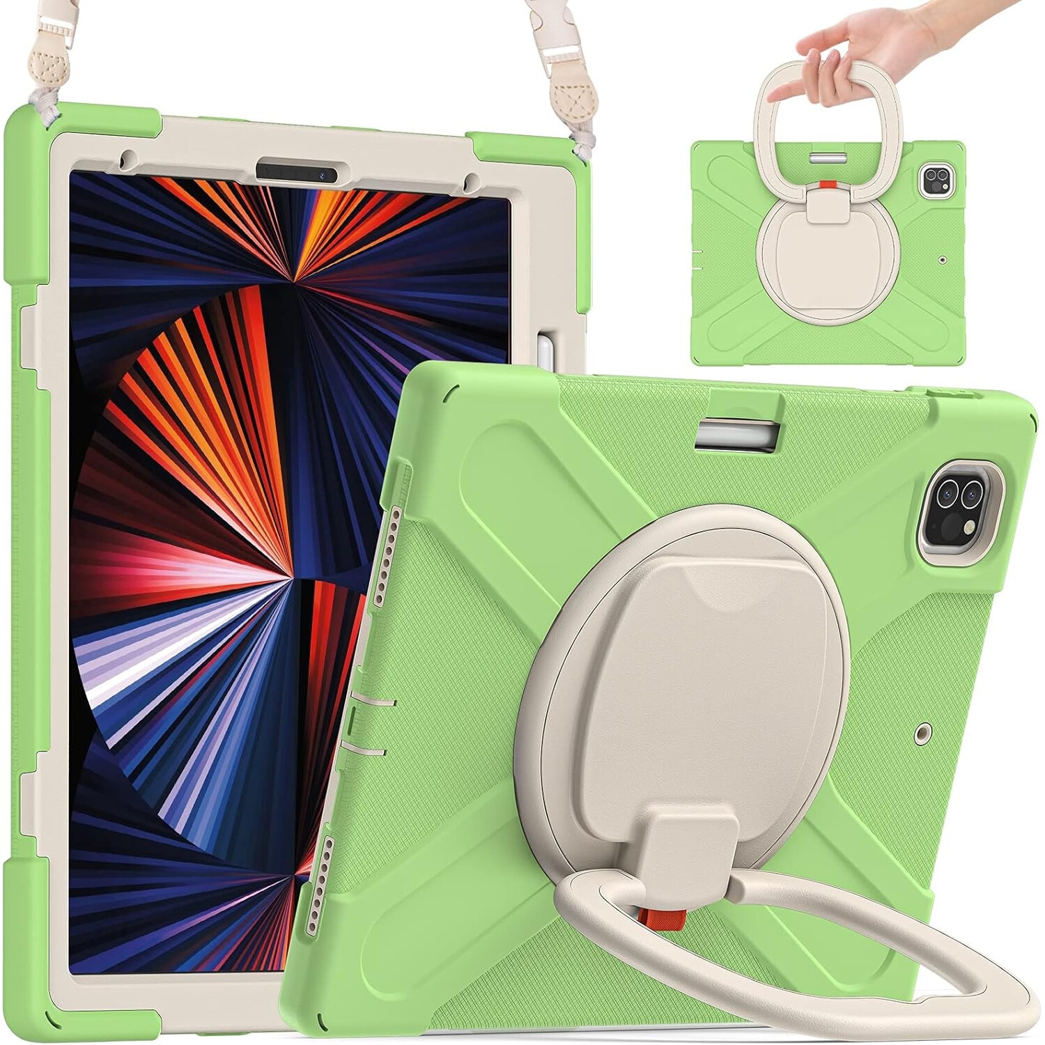 Husa pentru iPad Pro 12.9", verde, cu suport rotativ si loc pentru stylus, trei straturi de protectie