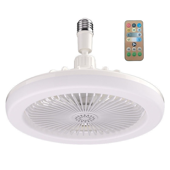 Ventilator de tavan cu lumina, Golxmse, E27, telecomanda, 30W, 3 viteze, alb, 26cm