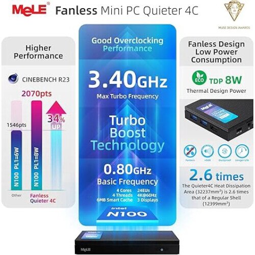 Mini PC MeLE Quieter 4C Fanless, Windows 11 Pro, Intel N100 3.4GHz