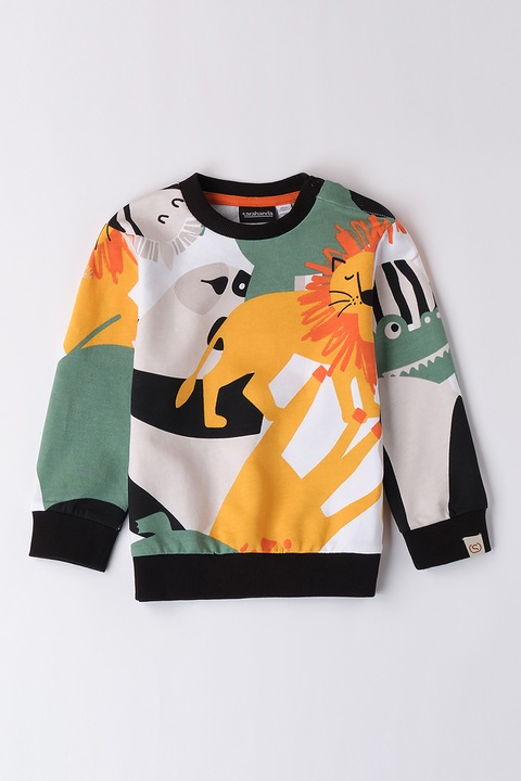 Sarabanda, Bluza de trening din bumbac cu imprimeu grafic, 128 CM, Alb fildes/Portocaliu/Verde sparanghel