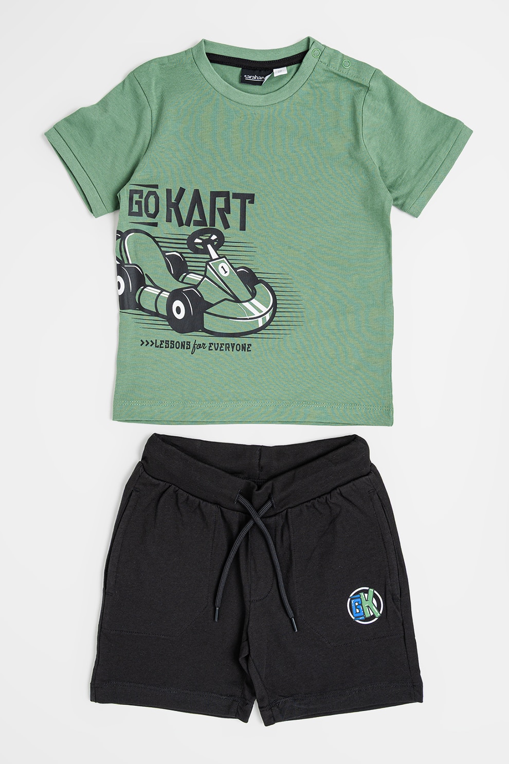 Sarabanda, Set de tricou si pantaloni scurti din bumbac cu imprimeu, Negru, Alb optic, Verde feriga, 122 CM