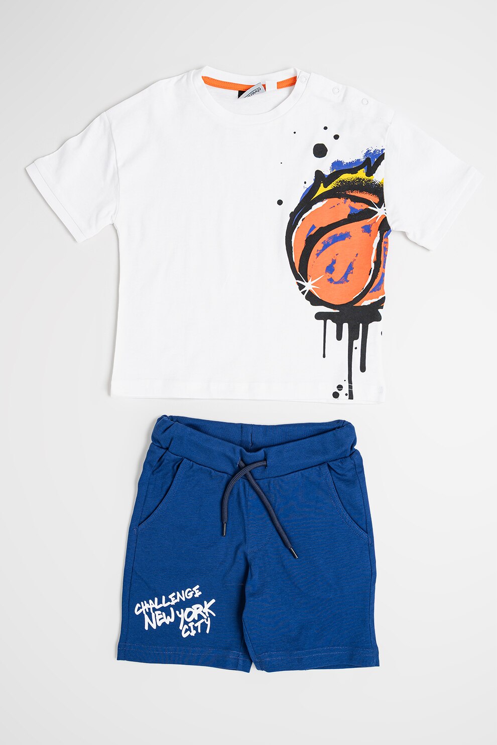 Sarabanda, Set de tricou si pantaloni scurti din bumbac cu imprimeu, Alb optic, Bleumarin, 128 CM