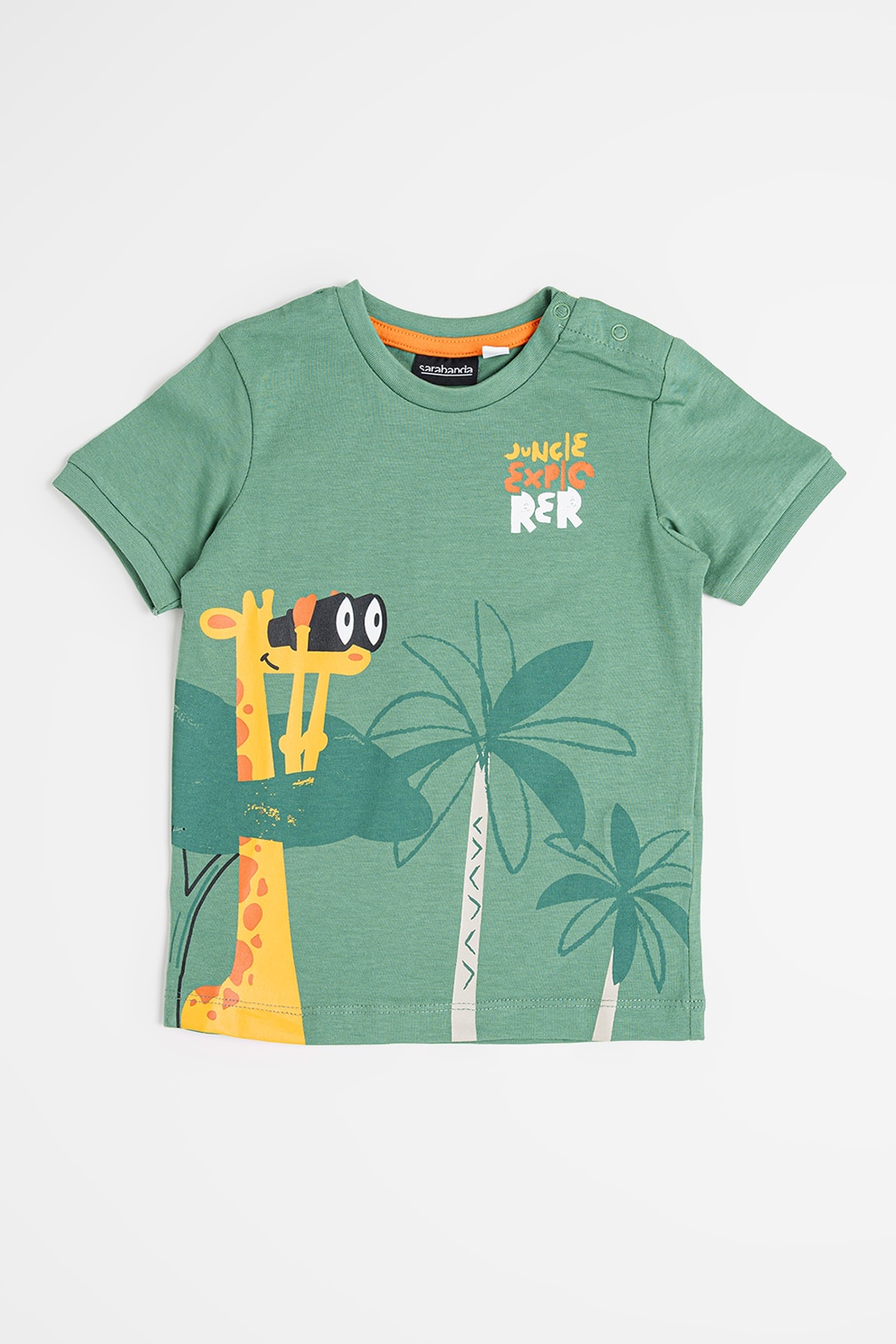 Sarabanda, Tricou cu decolteu la baza gatului si imprimeu, Portocaliu mandarina, Verde feriga, 122 CM