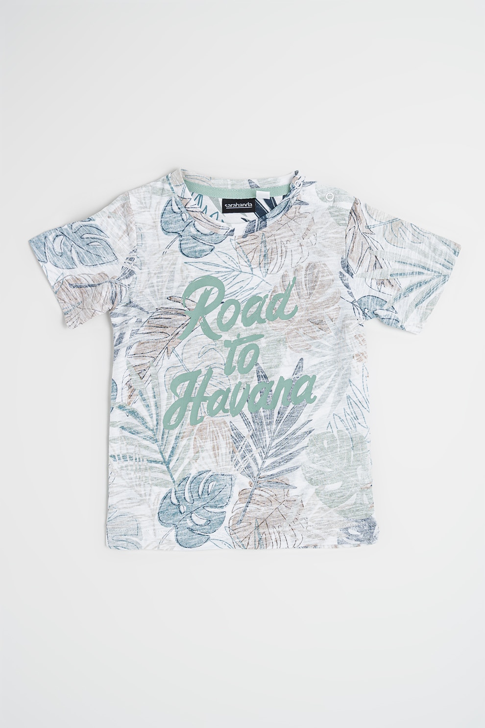 Sarabanda, Tricou din bumbac cu model tropical si text, Negru stins, Verde pal, Alb murdar, 122 CM