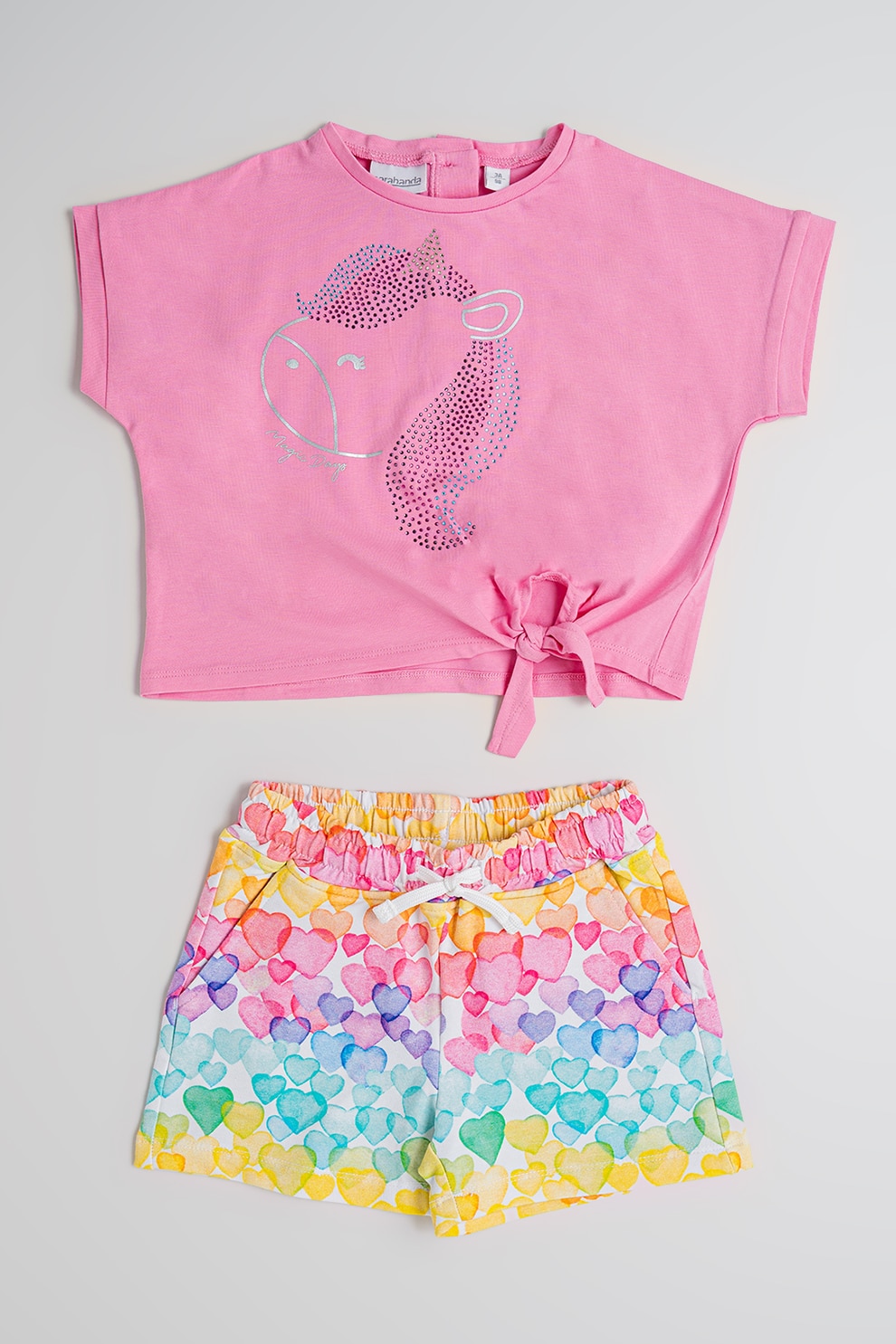 Sarabanda, Set de tricou si pantaloni scurti din bumbac - 2 piese, Turcoaz, Roz, 116 CM