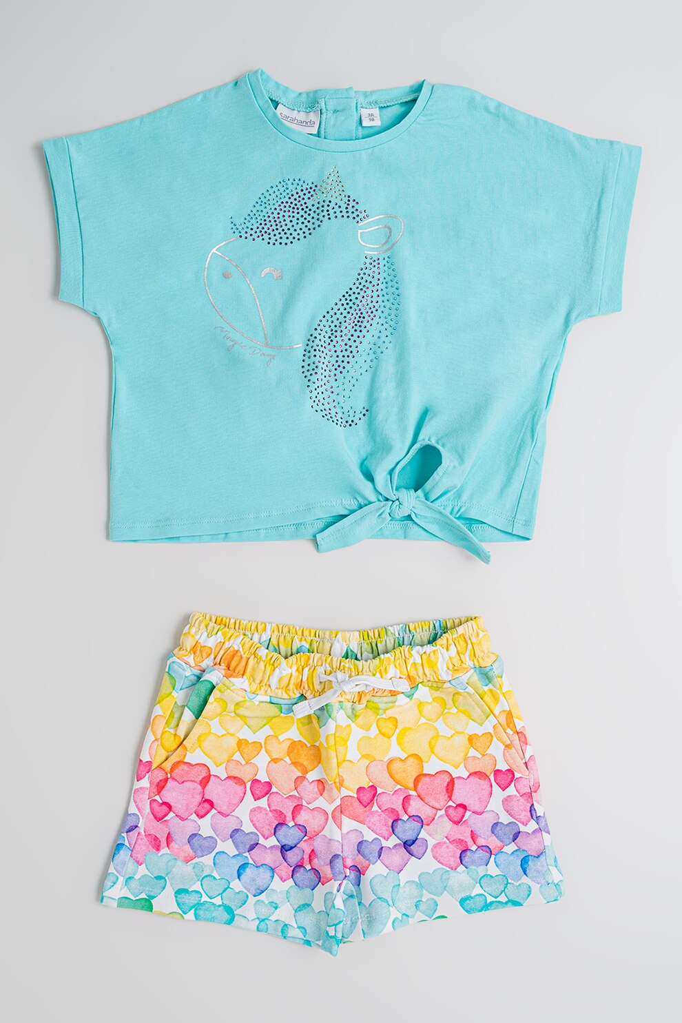 Sarabanda, Set de tricou si pantaloni scurti din bumbac - 2 piese, Roz, Albastru, Verde menta, 110 CM