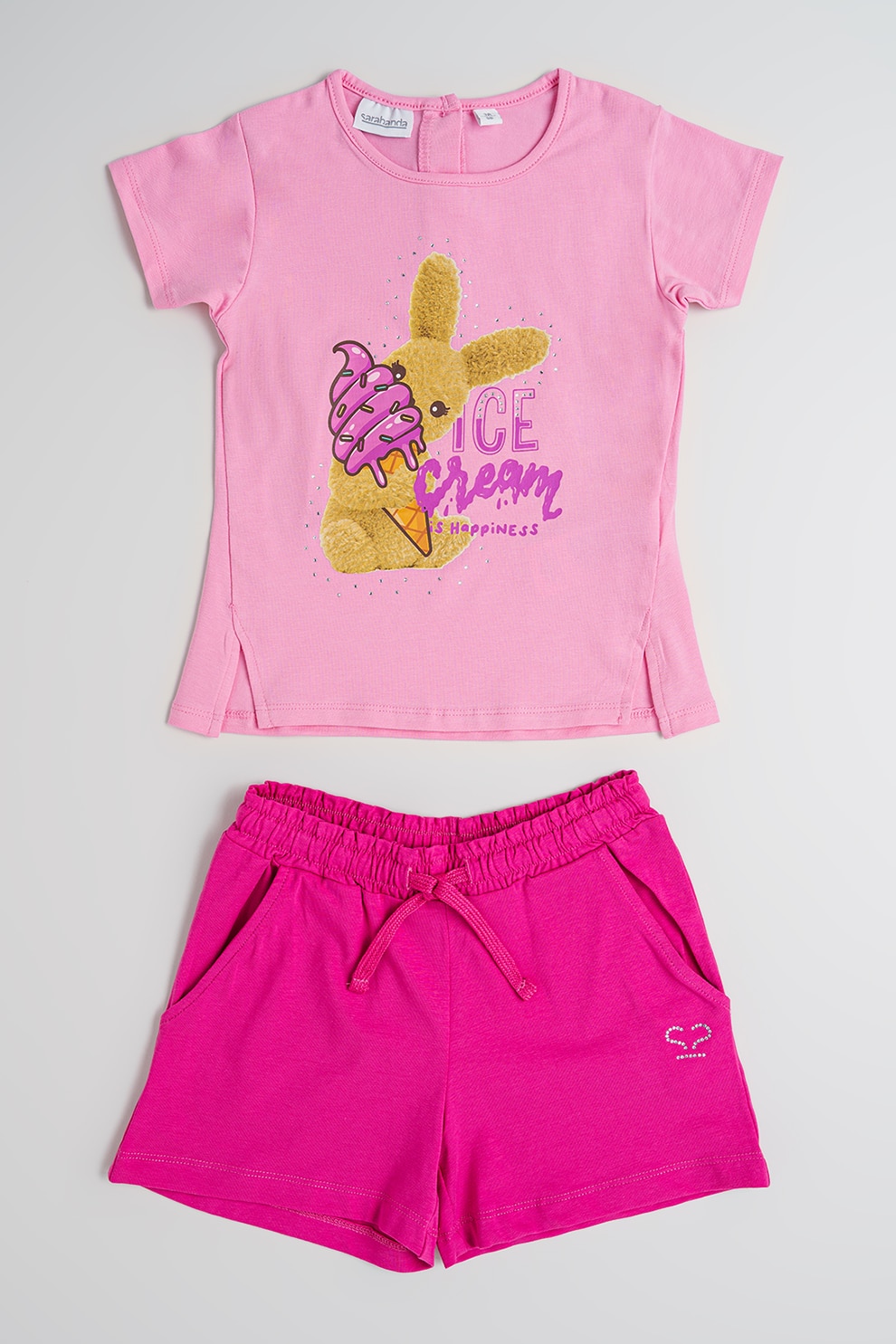 Sarabanda, Set de tricou si pantaloni scurti din amestec de bumbac - 2 piese, Roz, Camel, 122 CM
