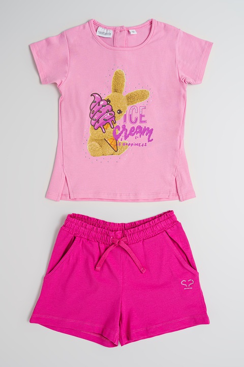 Sarabanda, Pamuttartalmú rövidnadrág és póló szett - 2 részes, Rózsaszín/Tevebarna