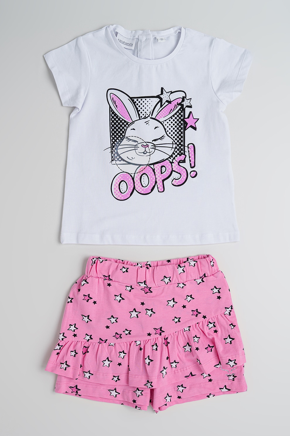 Sarabanda, Set de tricou si fusta-pantalon din amestec de bumbac - 2 piese, Alb, Roz, 104 CM