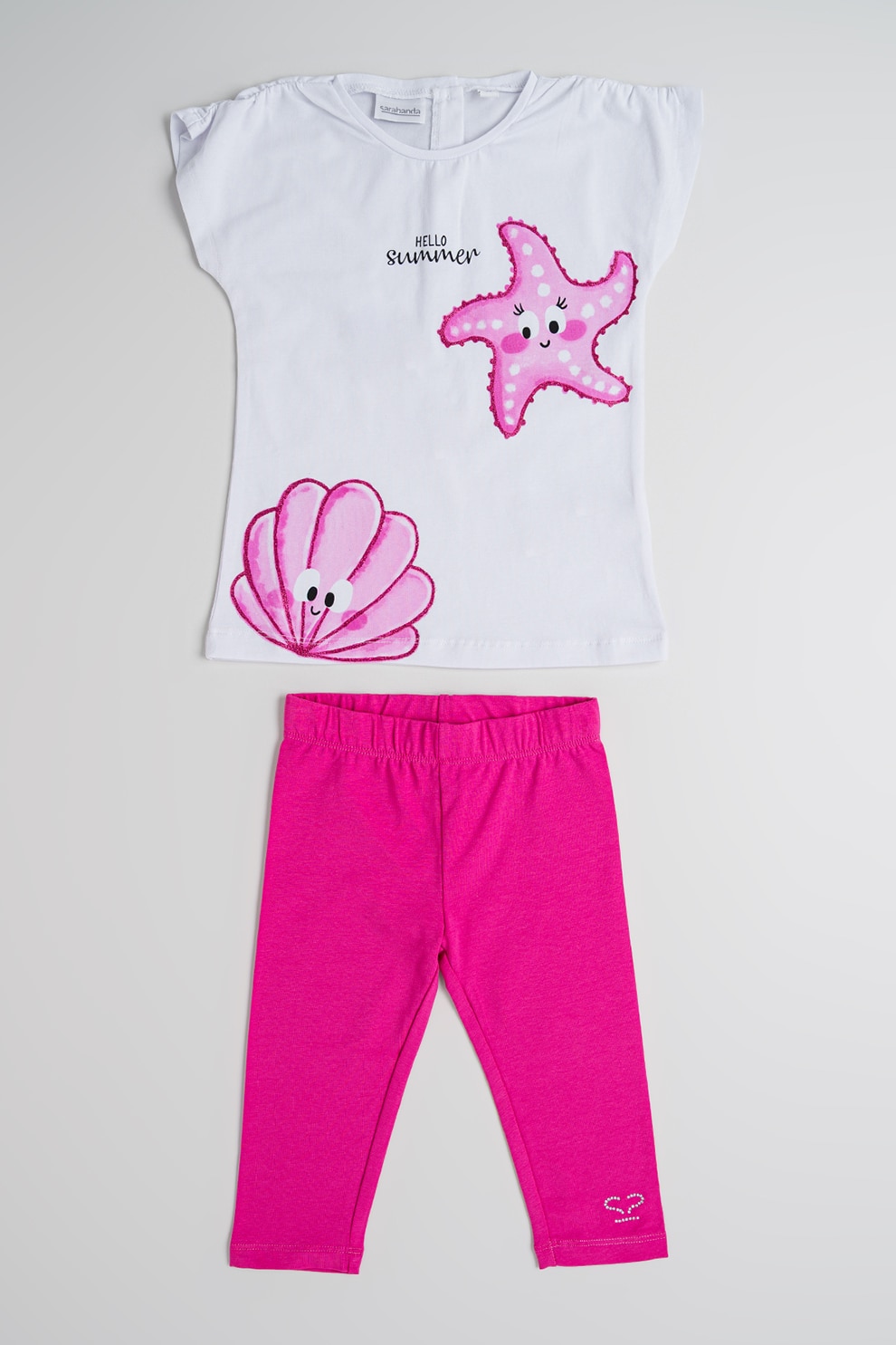 Sarabanda, Set de colanti si tricou cu model grafic - 2 piese, Alb, Fucsia, 122 CM