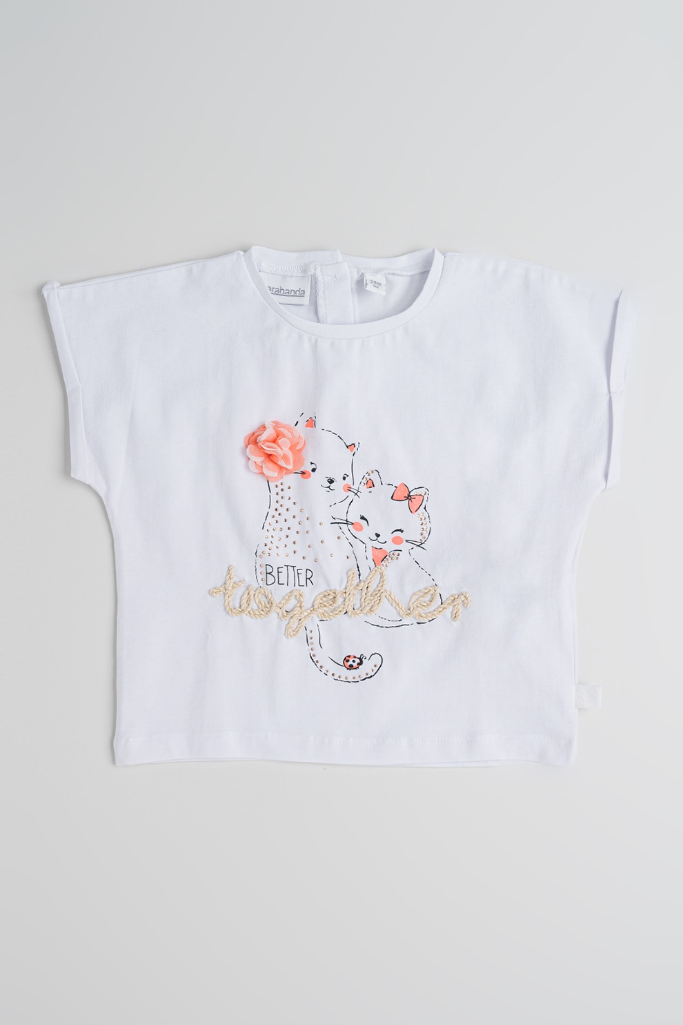 Sarabanda, Tricou din amestec de bumbac cu model cu pisici, Alb, Roz neon, 110 CM