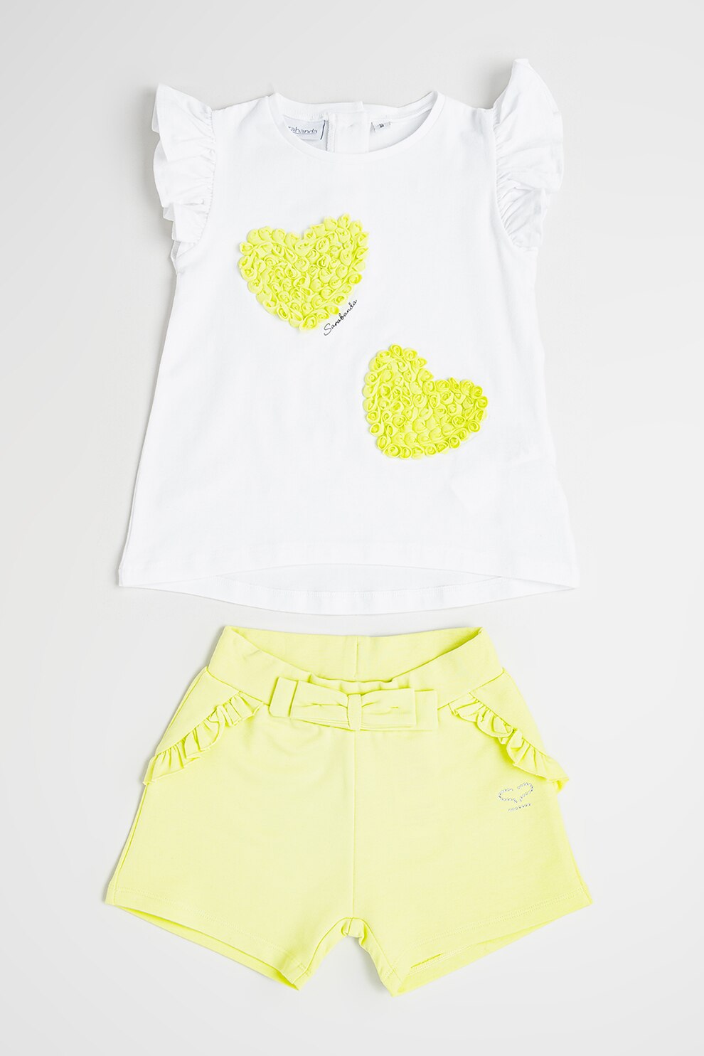 Sarabanda, Set de tricou si pantaloni scurti din amestec de bumbac - 2 piese, Verde pal, Alb optic, 116 CM