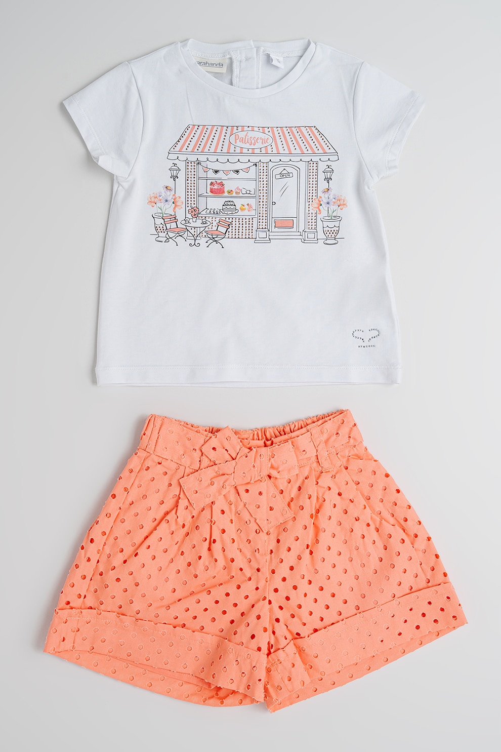 Sarabanda, Set de tricou si pantaloni scurti din amestec de bumbac - 2 piese, Alb, Corai, 128 CM