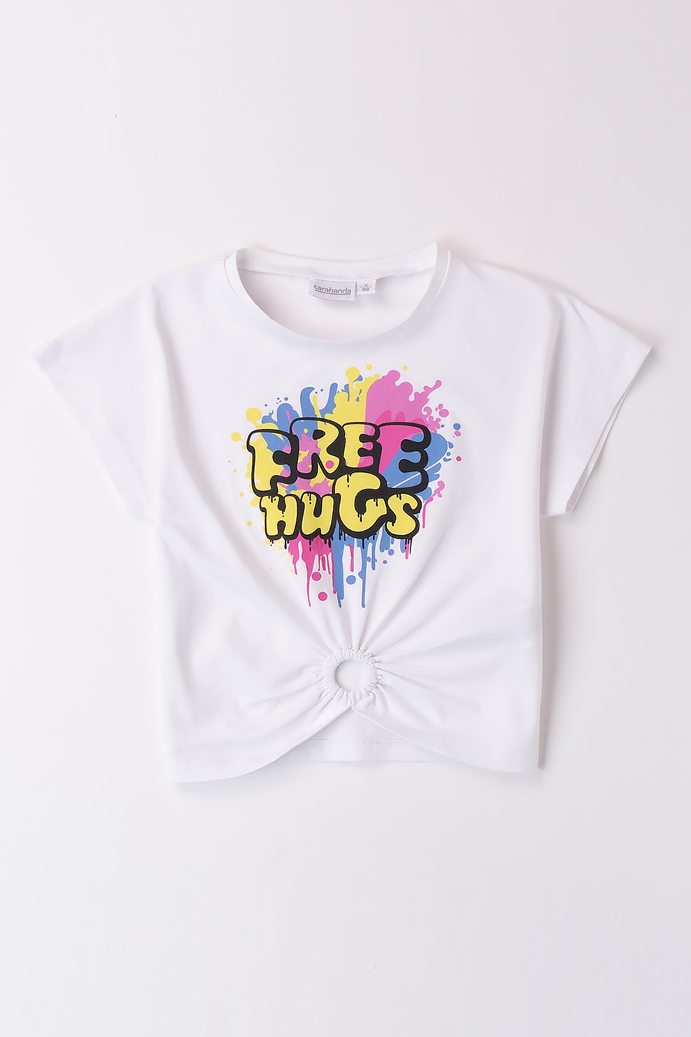 Sarabanda, Tricou crop cu decupaj si imprimeu, Alb, Galben pai, Roz, 152 CM