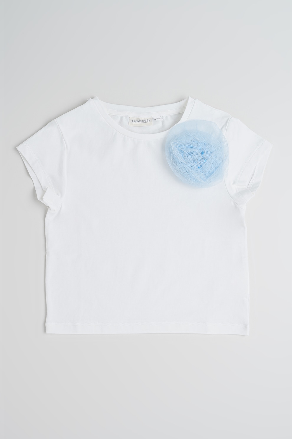 Sarabanda, Tricou cu decolteu la baza gatului si detaliu din tul pe piept, Alb, Albastru deschis, 152 CM
