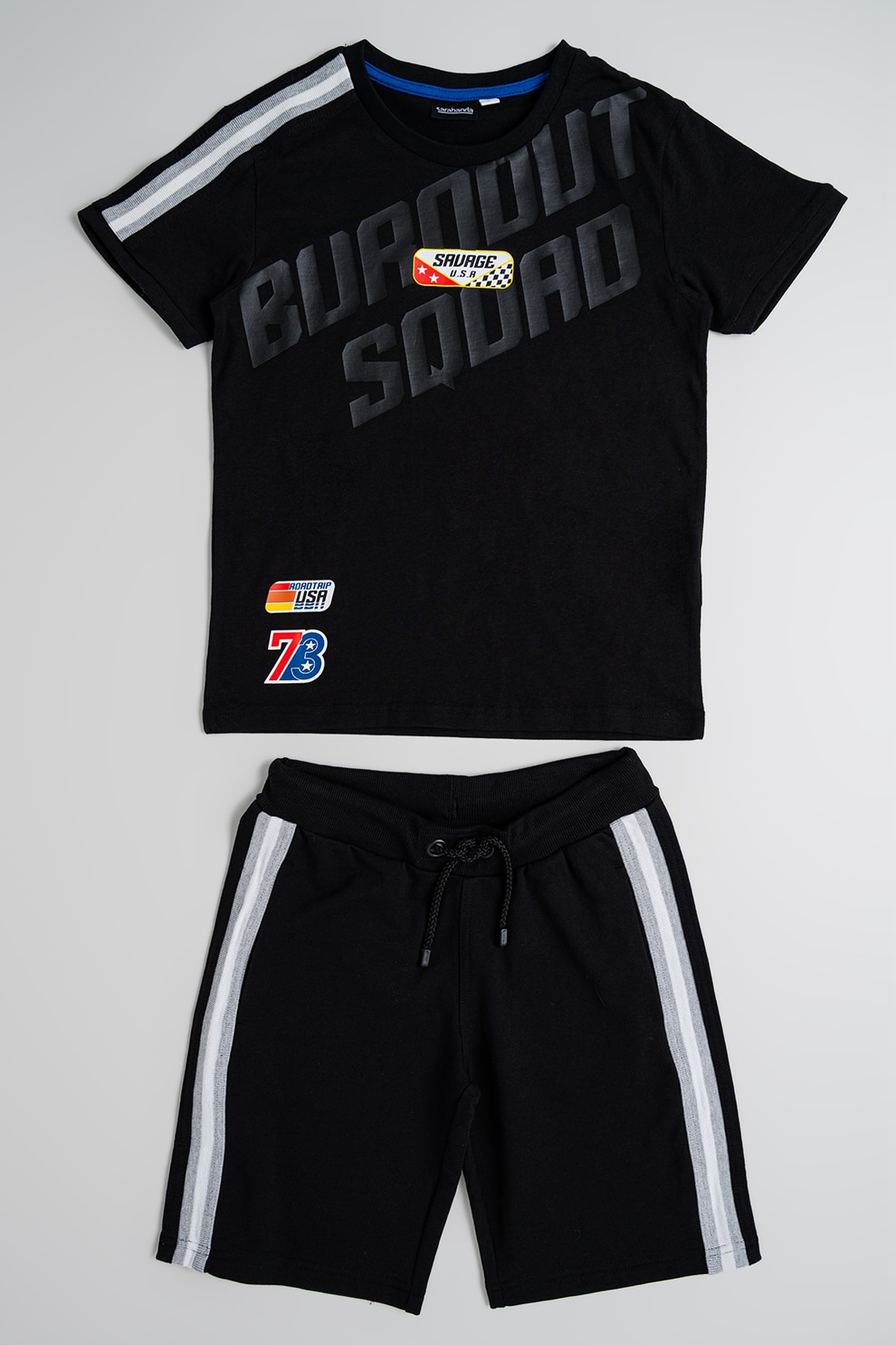 Sarabanda, Set de pantaloni scurti si tricou cu imprimeu - 2 piese, Alb, Negru, 152 CM