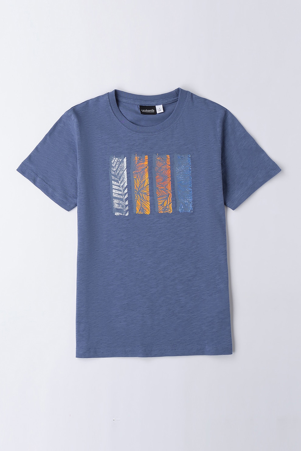 Sarabanda, Tricou cu imprimeu grafic si decolteu la baza gatului, Albastru inchis, Portocaliu pal, Alb murdar, 140 CM