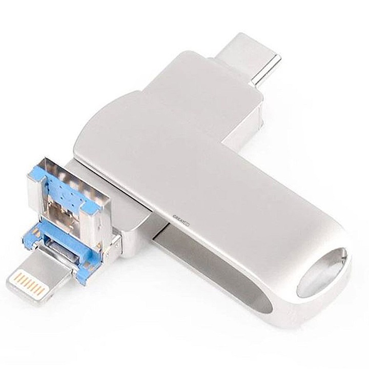GREATON többfunkciós fém Memory Stick, forgó kialakítás, víz, por, ütésálló, villám, USB Type-C, USB 3.0, univerzális kompatibilitás, telefon, laptop, nagy sebesség, 128 GB, metálszürke