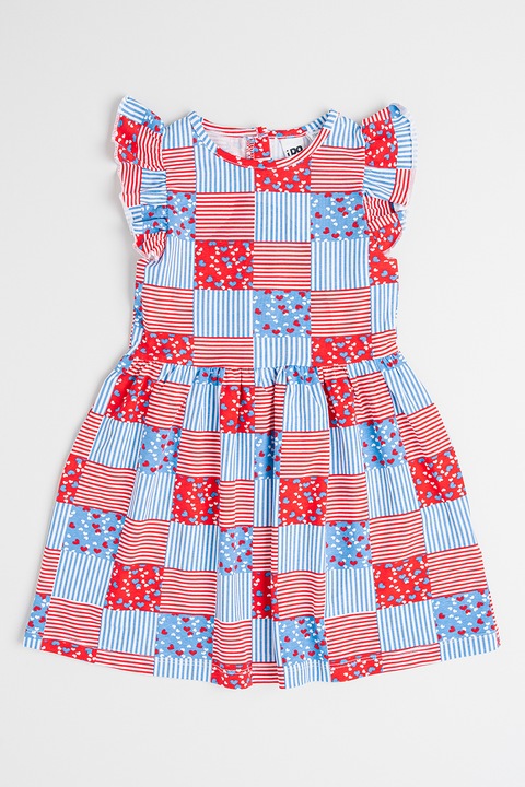 IDO, Rochie cu model in carouri si volane, Rosu/Albastru