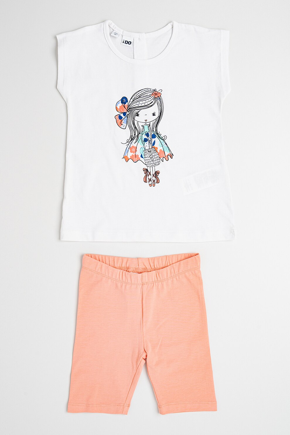 IDO, Set de tricou si bermude, Alb, Roz somon, 122 CM