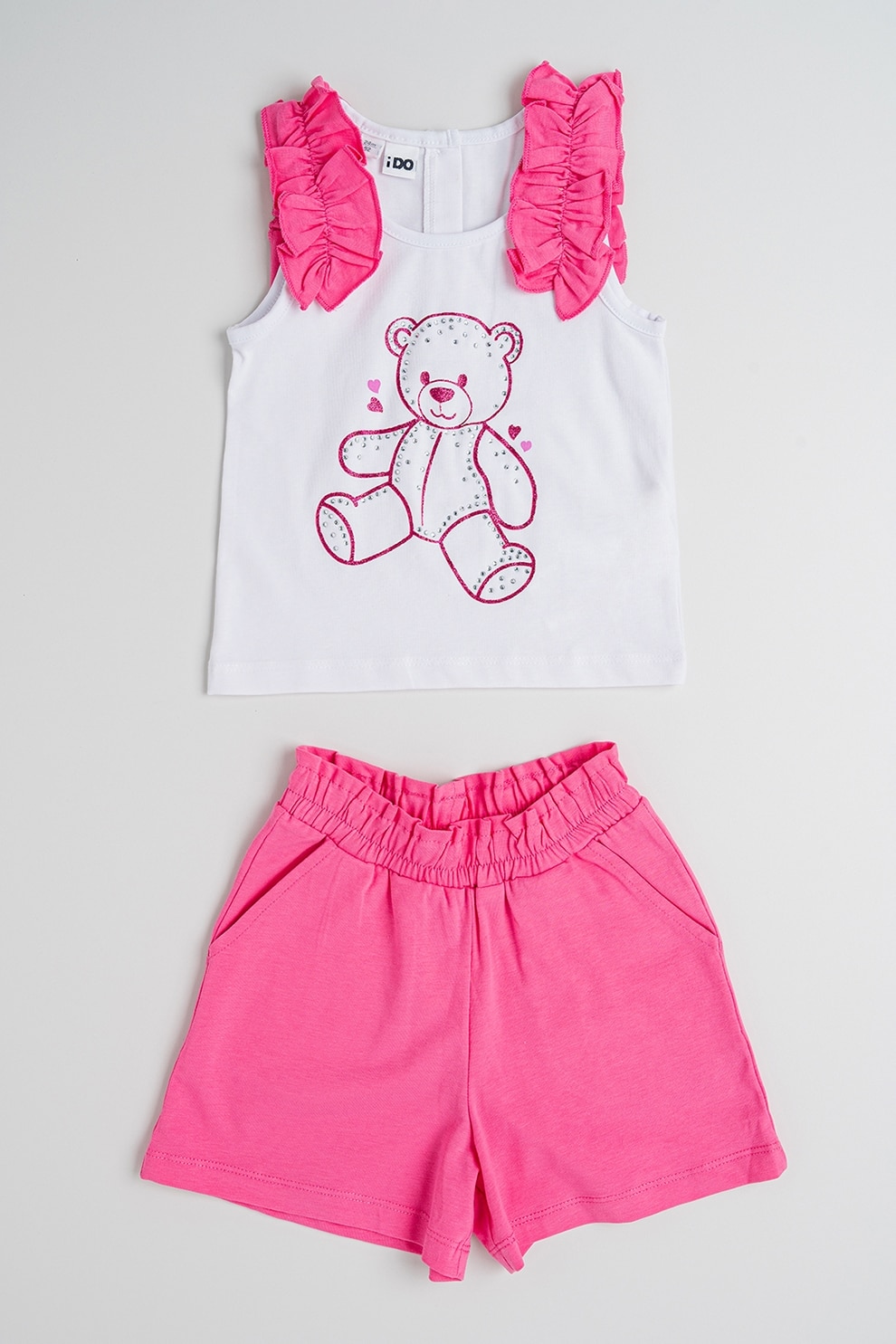 IDO, Set de top cu model, aplicatii cu volane si pantaloni scurti cu model uni - 2 piese, Alb, Roz, 122 CM