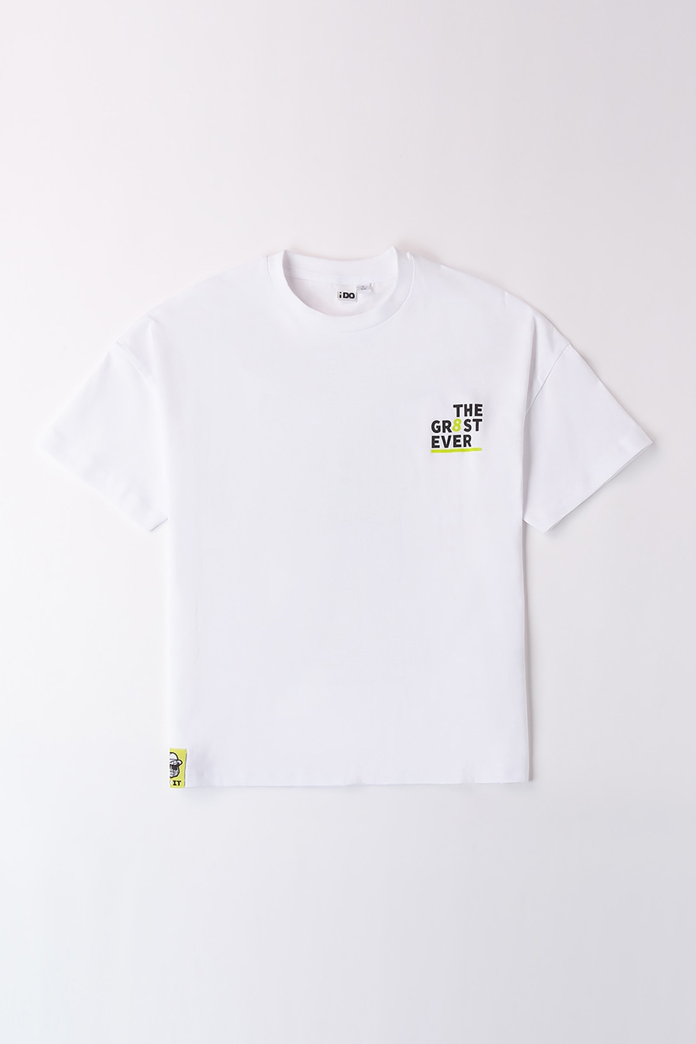 IDO, Tricou cu decolteu la baza gatului si imprimeu, Gri deschis, Alb optic, Verde lime, 140 CM