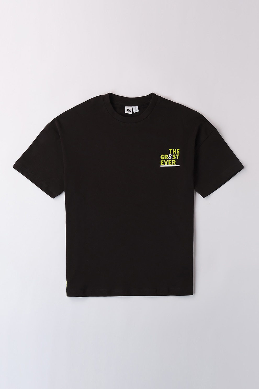 IDO, Tricou cu decolteu la baza gatului si imprimeu, Negru, Gri deschis, Verde lime, 140 CM