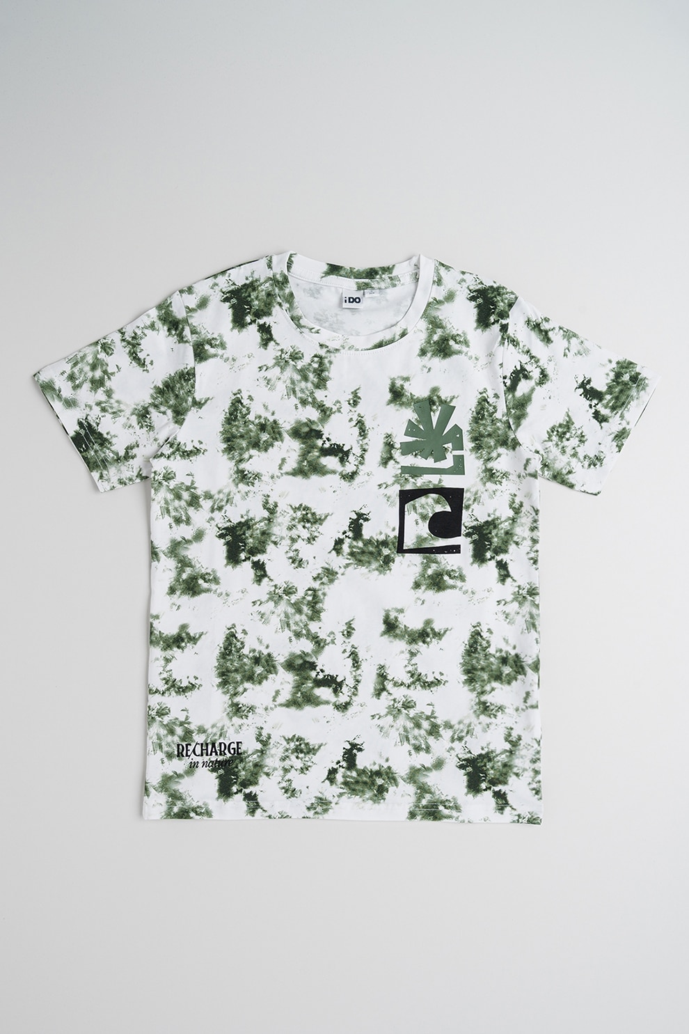 IDO, Tricou din bumbac cu model tie-dye, Alb, Verde inchis, 152 CM