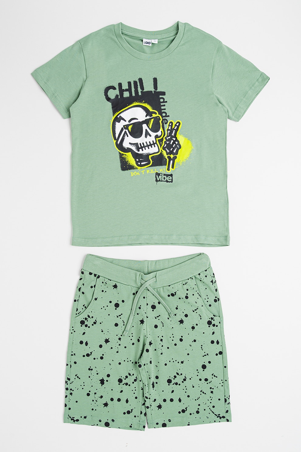 IDO, Set de tricou cu imprimeu grafic si pantaloni scurti, Verde feriga, 152 CM