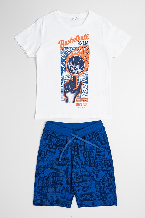 IDO, Памучна тениска с принт и шорти, Бял/Кралско Синьо