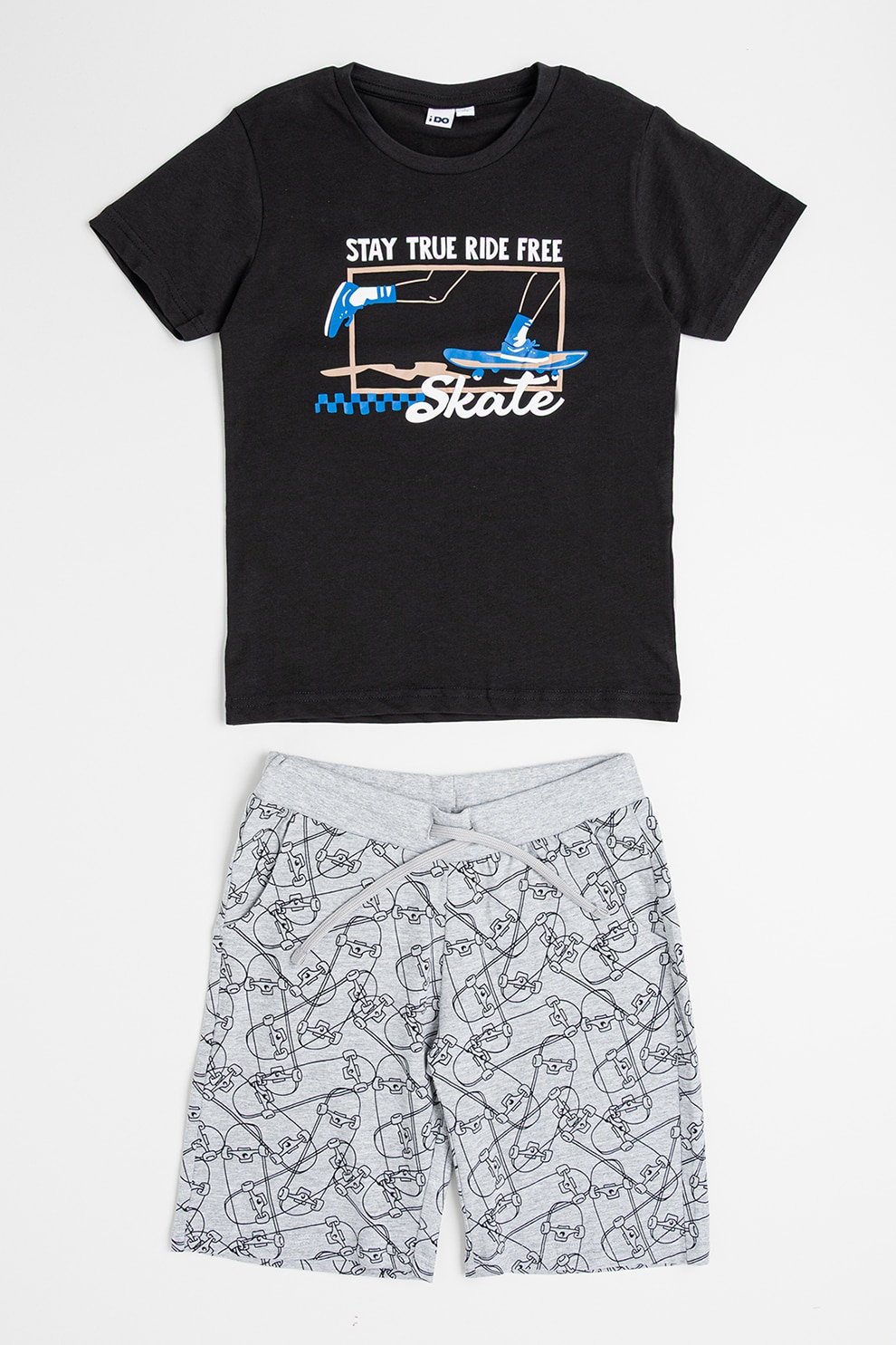 IDO, Set de tricou si pantaloni scurti din bumbac cu imprimeu grafic, Negru, Gri melange, 152 CM