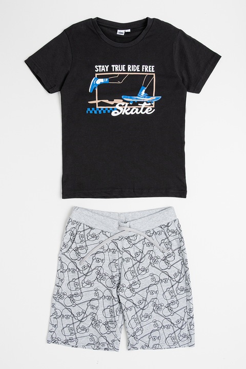 IDO, Памучна тениска с графика и шорти, Черен/Сив меланж